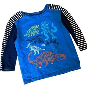 🦖Hatley 2T Boy Navy & Royal Blue Striped Dinosaur Long Sleeve Tee Shirt, Cotton